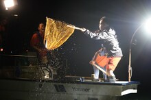 トビウオをすくい上げた瞬間のダイアン・ユースケ。(c)日本テレビ