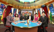 「笑撃映像を徹底リサーチ！日本の国民的アレ、世界ではコレでした」に出演する（左から）ますだおかだ岡田、河北麻友子、サンドウィッチマン、高橋真麻、かまいたち濱家。(c)関西テレビ