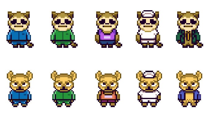 千鳥のキャラクターのドット絵。体操着や競技服など、さまざまな衣装が用意されている。