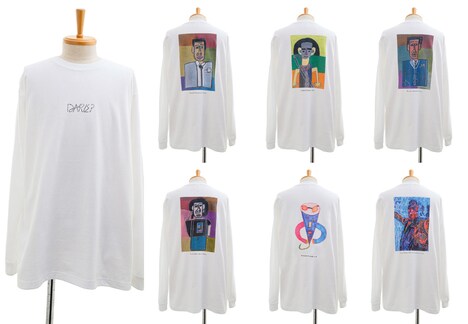 くまだまさし、次長課長・河本、麒麟・田村、濱田祐太郎、ゆりやんレトリィバァ、レイザーラモンHGの肖像画がデザインされたロンTのラインナップ。