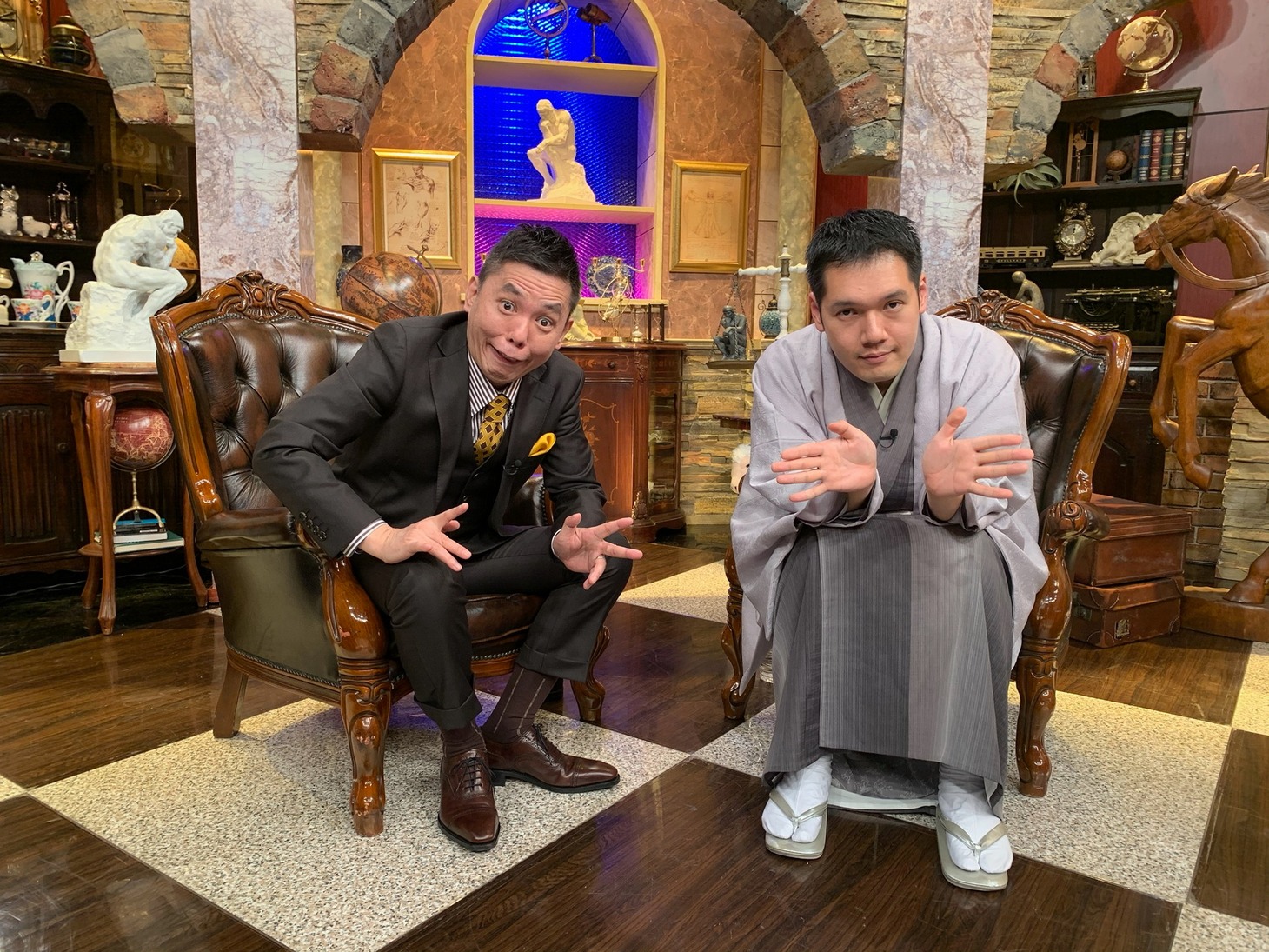 「太田松之丞 今年話題の女優が来たよスペシャル」に出演する（左から）爆笑問題・太田、神田松之丞。(c)テレビ朝日