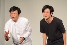 武田鉄矢の顔マネを披露する（左から）ガリットチュウ熊谷茶、オジンオズボーン篠宮。