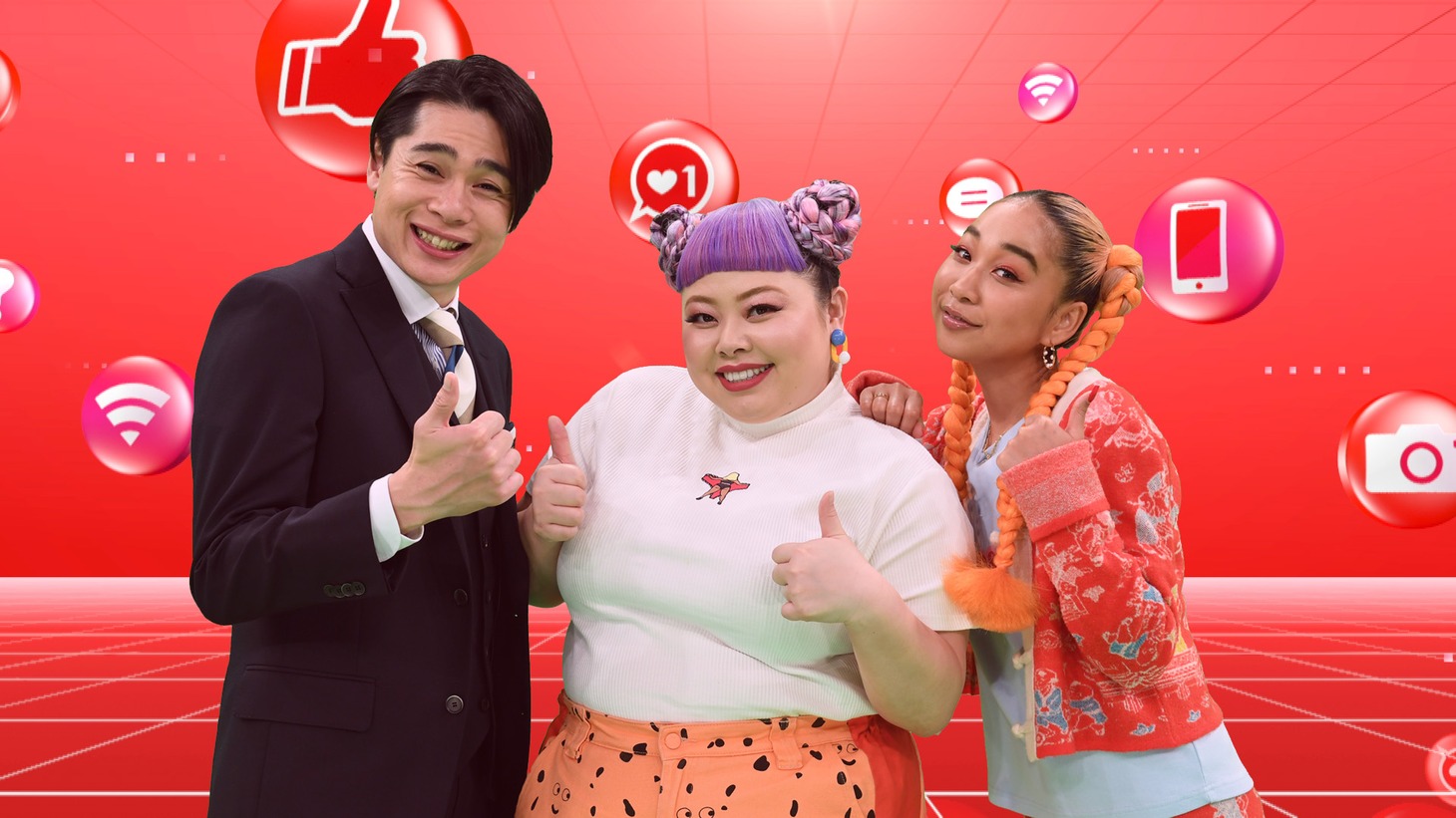 「あの人が『いいね』した一般人」に出演する（左から）平成ノブシコブシ吉村、渡辺直美、青山テルマ。(c)テレビ朝日