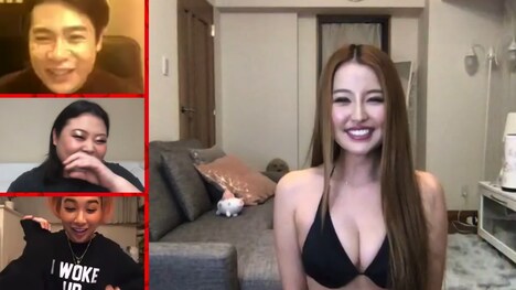 リモート生着替えをする、CYBERJAPAN DANCERSのかなへぇ（右）と番組出演者たち。(c)テレビ朝日