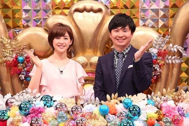 「潜在能力テスト」MCのオードリー若林と進行の宮司愛海アナ（左）。(c)フジテレビ