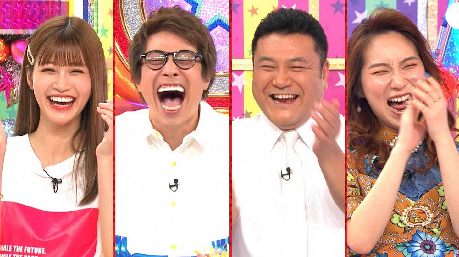 （左から）生見愛瑠、ロンドンブーツ1号2号・田村淳、アンタッチャブル山崎、ファーストサマーウイカ。(c)テレビ朝日