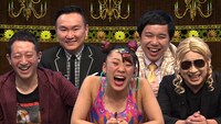 「衝撃映像30連発！フワちゃん・霜降りが仰天 キテレツ人生！なんでこうなった？」に出演する（左から）サバンナ高橋、かまいたち山内、フワちゃん、霜降り明星せいや、チョコレートプラネット松尾。(c)フジテレビ