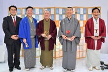 左から、福島暢啓アナウンサー、月亭八光、桂ざこば、桂南光、桂米團治。（写真提供：MBS）