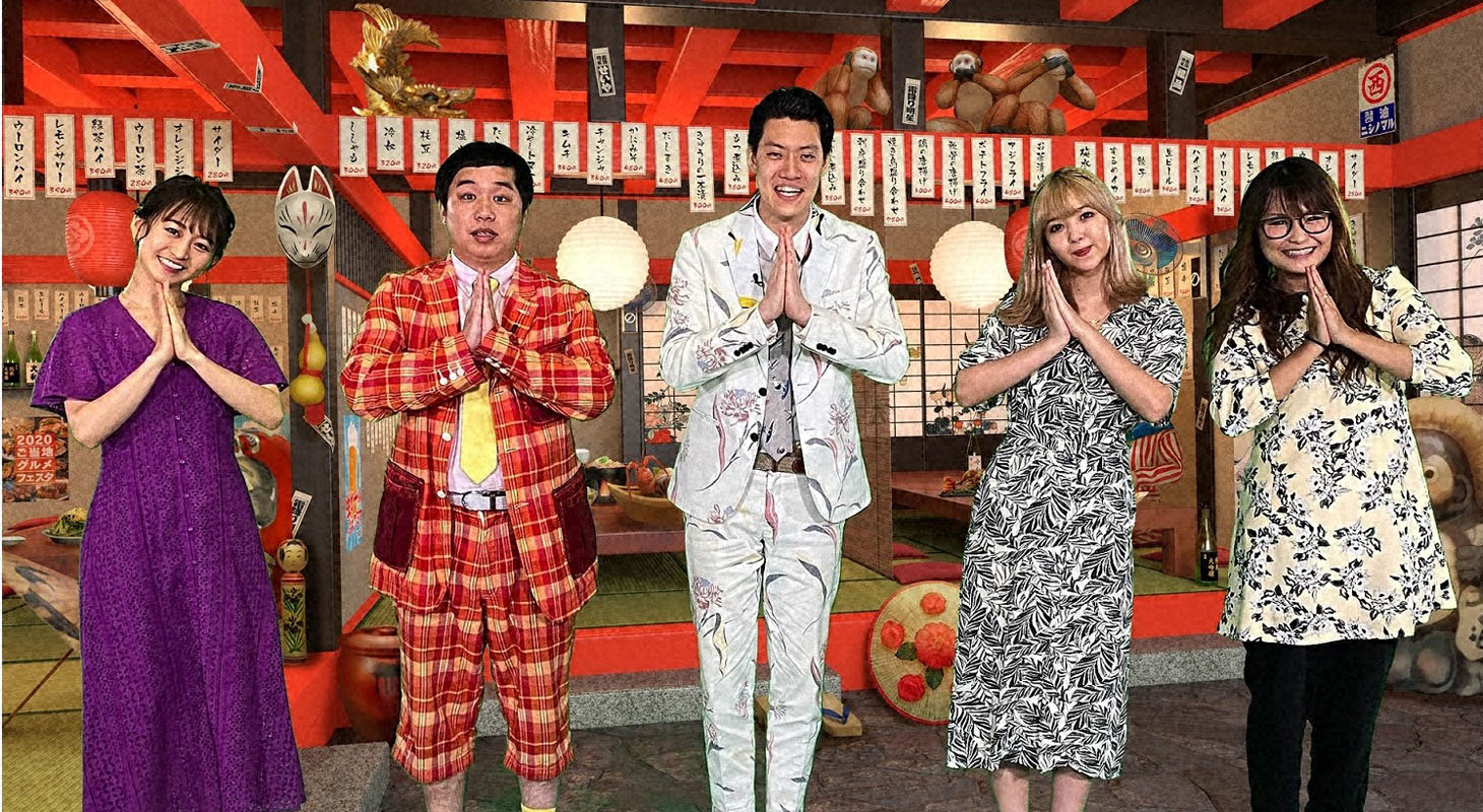 左から片渕茜アナウンサー、霜降り明星、藤田ニコル、ギャル曽根。