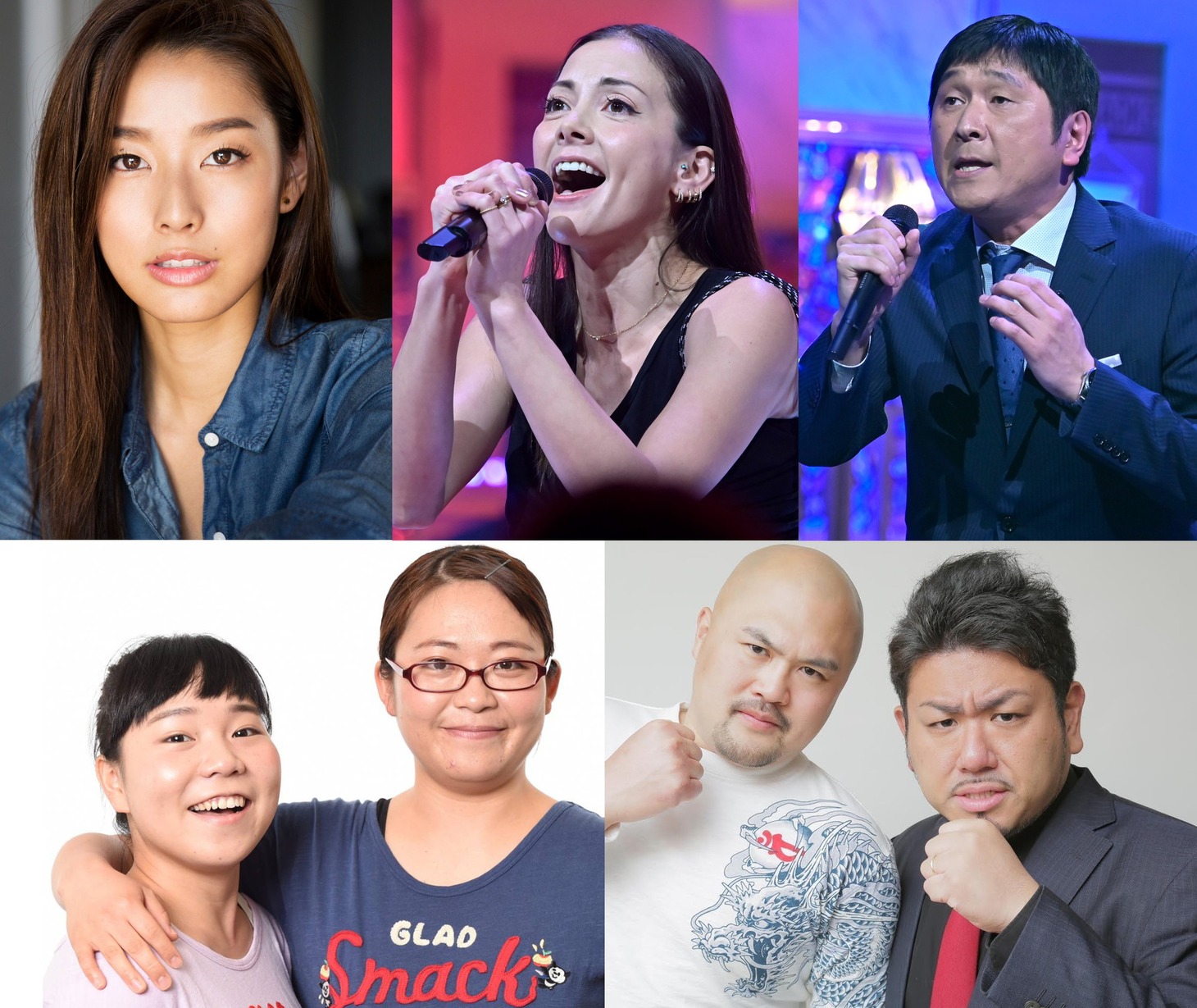（上段左から）すみれ、土屋アンナ、ほいけんた、（下段左から）はなしょー・はな、はなしょー・しょうこ、鬼越トマホーク坂井、鬼越トマホーク金ちゃん。