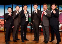 「お笑い演芸館＋」の放送100回スペシャルに出演する司会のナイツ（中央）とゲストの中川家（左）、サンドウィッチマン（右）。(c)BS朝日