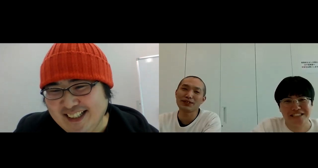 テレビ東京本社にてリモートで行った、板川侑右プロデューサーとラブレターズの鼎談の様子。