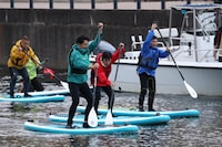 水上スポーツ「SUP」で対決する（左から）出川哲朗、大泉洋、ナインティナイン岡村、爆笑問題・田中。(c)フジテレビ