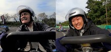 「ゴーカート対決」に挑む（左から）千鳥ノブ、四千頭身・後藤。