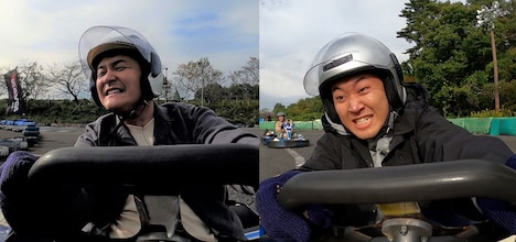 「ゴーカート対決」に挑む（左から）千鳥ノブ、四千頭身・後藤。