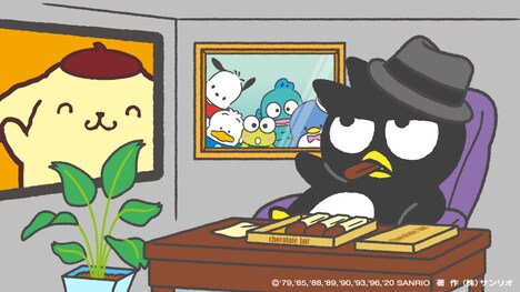 ポムポムプリンとのテレビ会議に臨むばつ丸と、見守るはぴだんぶいのメンバー。