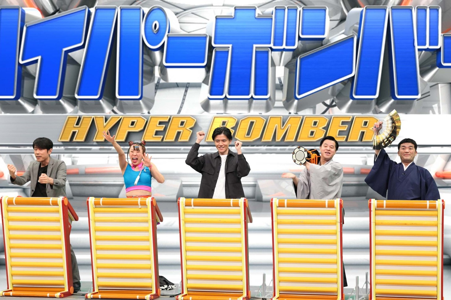 （左から）ネプチューン原田、フワちゃん、青木源太、すゑひろがりず。(c)フジテレビ