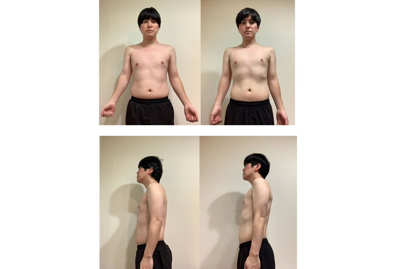 28日間のダイエット＆トレーニングに挑戦した溜口さん。左がビフォー、右がアフター。
