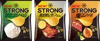 「湖池屋STRONG」のパッケージ。左からサワークリームオニオン、黒胡椒レモンチキン、鬼コンソメ。