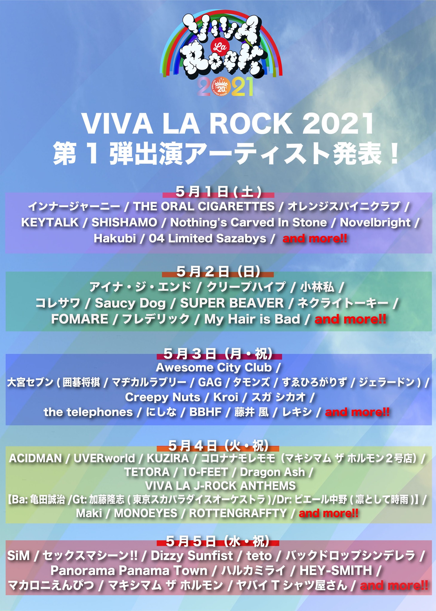 発表された「VIVA LA ROCK 2021」第1弾出演アーティスト。