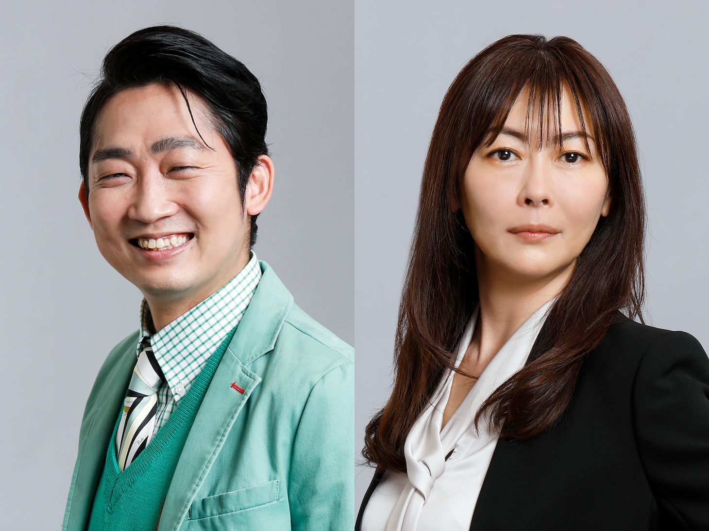 大林夏彦役のNON STYLE石田（左）と保科玲役の中山美穂（右）。
