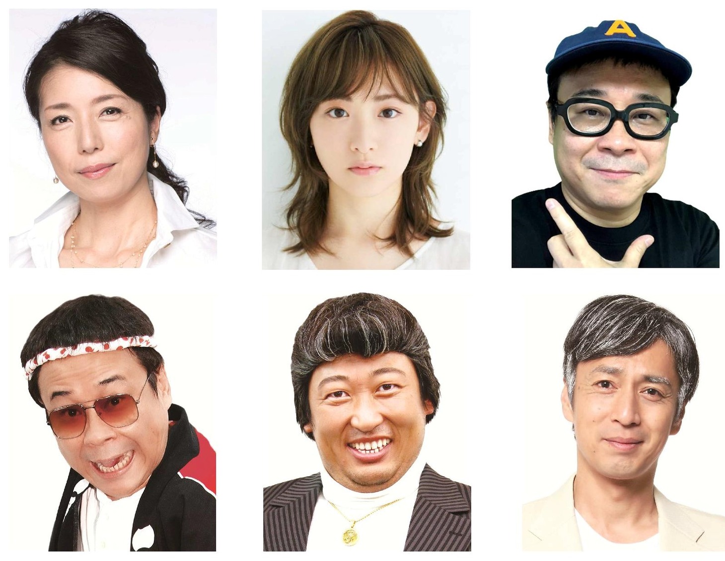 上段左から高橋ひとみ、生駒里奈、バッファロー吾郎A、下段左から八公太郎、倉たけし、六条たかや。