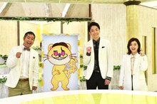 「オーナーになろう！小金持ちTV」に出演する（左から）ハライチ澤部、かまいたち山内が声を担当するイタチのキャラクター・かねいたち、かまいたち濱家、3時のヒロイン福田。(c)フジテレビ