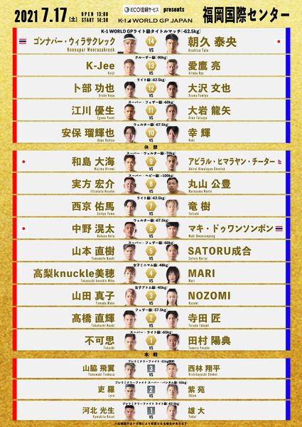 「K-1 WORLD GP 2021 JAPAN ～K-1ライト級タイトルマッチ～」対戦カード