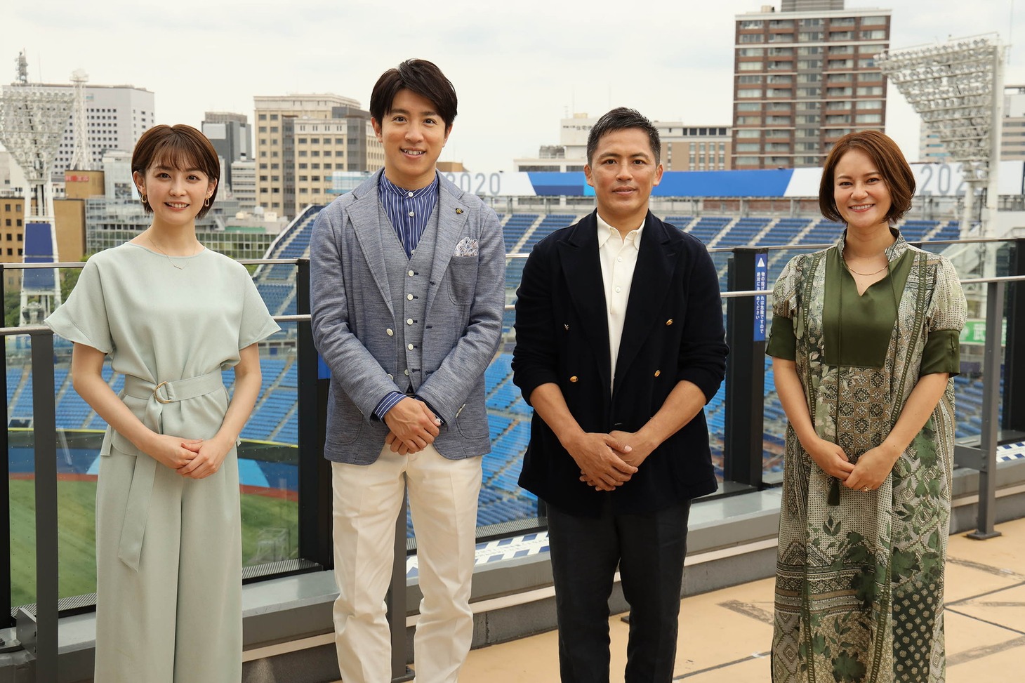 「東京五輪5日前『ラストサプライズはこちらです！』～日本代表に（秘）エールSP～」に出演する（左から）宮司愛海アナ、村上信五、野村忠宏、宮里藍。(c)フジテレビ