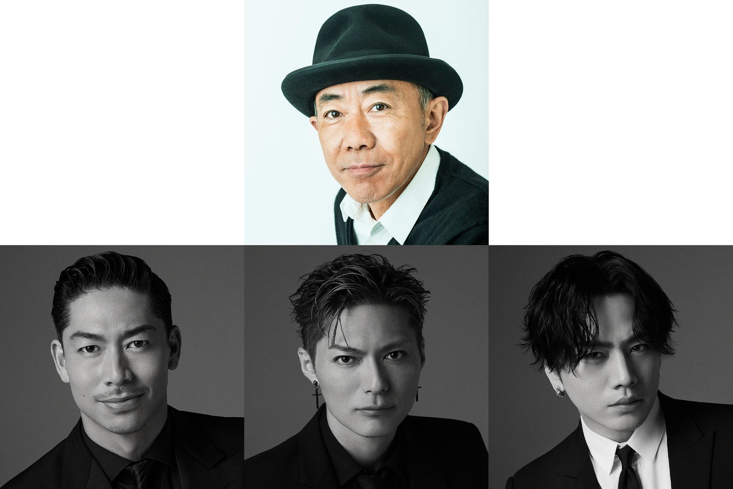 MCの木梨憲武と、EXILE AKIRA、EXILE SHOKICHI、登坂広臣（下段左から）。