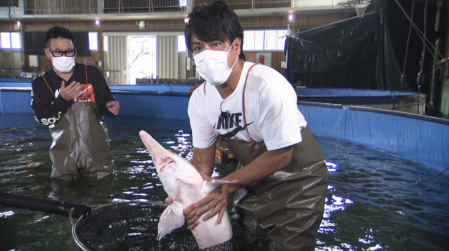チョウザメをつかまえる天竺鼠・瀬下。(c)日本テレビ