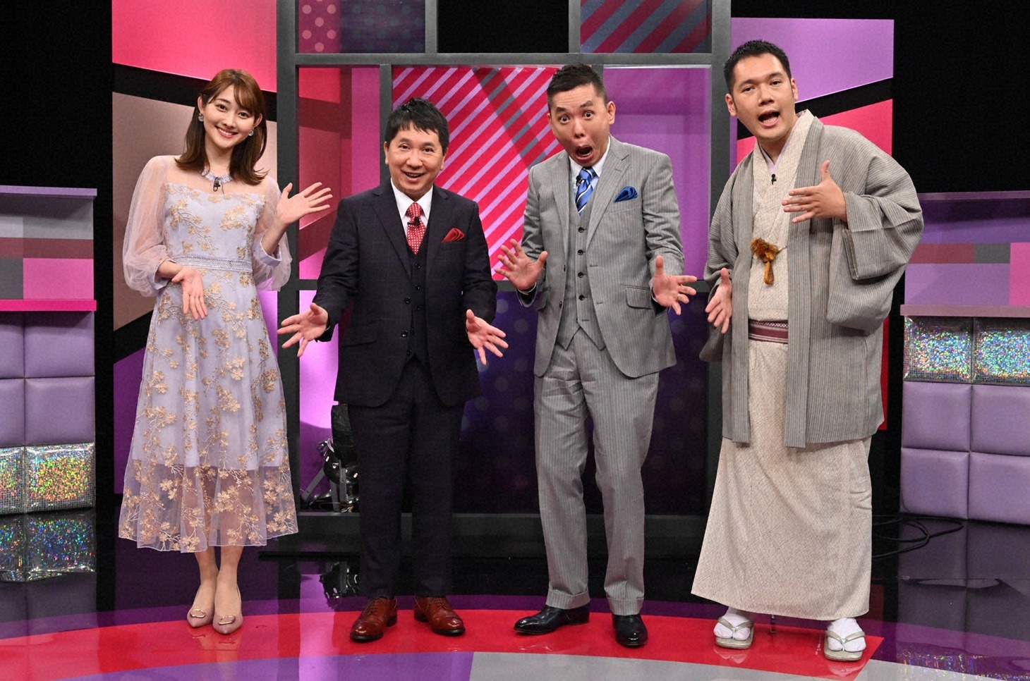 「まさかのルールはなぜできた!? 作画プレゼン！ 刺さルール」に出演する（左から）森山みなみアナ、爆笑問題、神田伯山。(c)テレビ朝日
