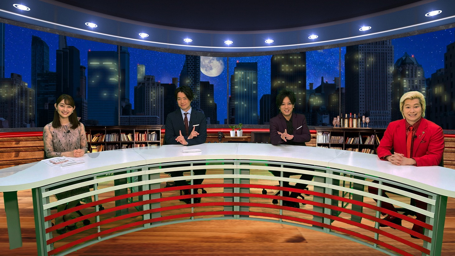 （左から）森山みなみアナ、ぺこぱ、メイプル超合金カズレーザー。(c)テレビ朝日