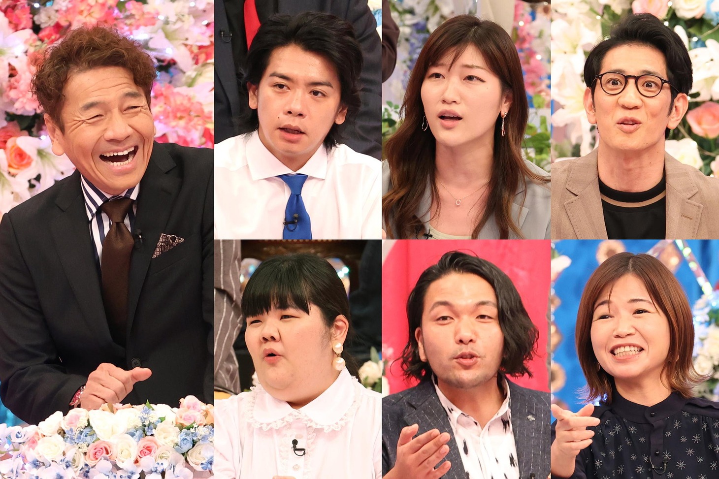 「上田晋也VS人気芸人 トーク検定2時間SP」に出演する（左から時計回りに）くりぃむしちゅー上田、マヂカルラブリー・野田クリスタル、ヒコロヒー、アンタッチャブル柴田、オアシズ大久保、見取り図・盛山、ぼる塾あんり。(c)フジテレビ