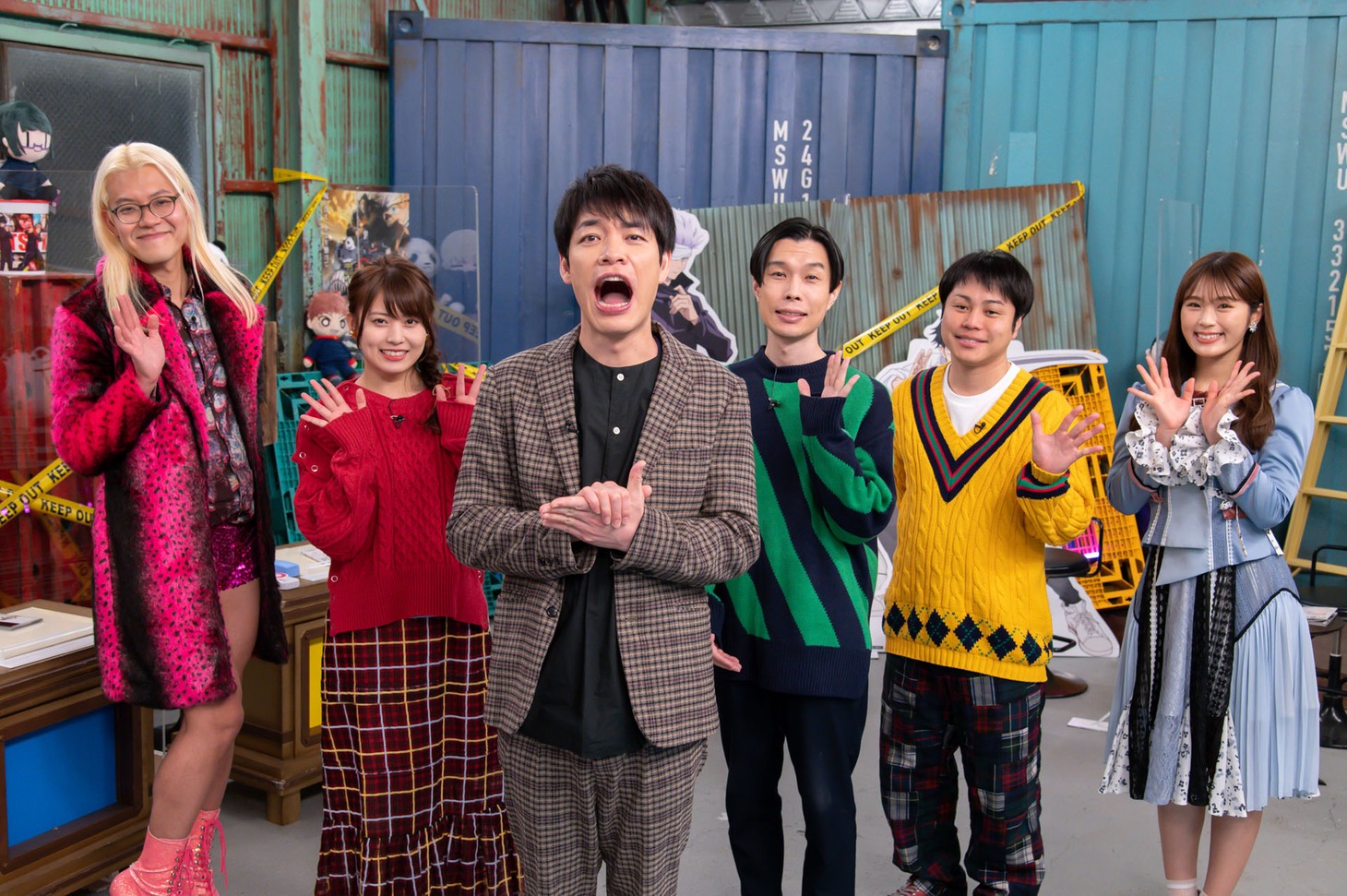 左からZAZY、岡部麟、麒麟・川島、ハライチ岩井、NON STYLE井上、渋谷凪咲。(c)MBS
