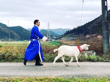 ヤギと一緒に歩く千鳥・大悟。(c)テレビ東京