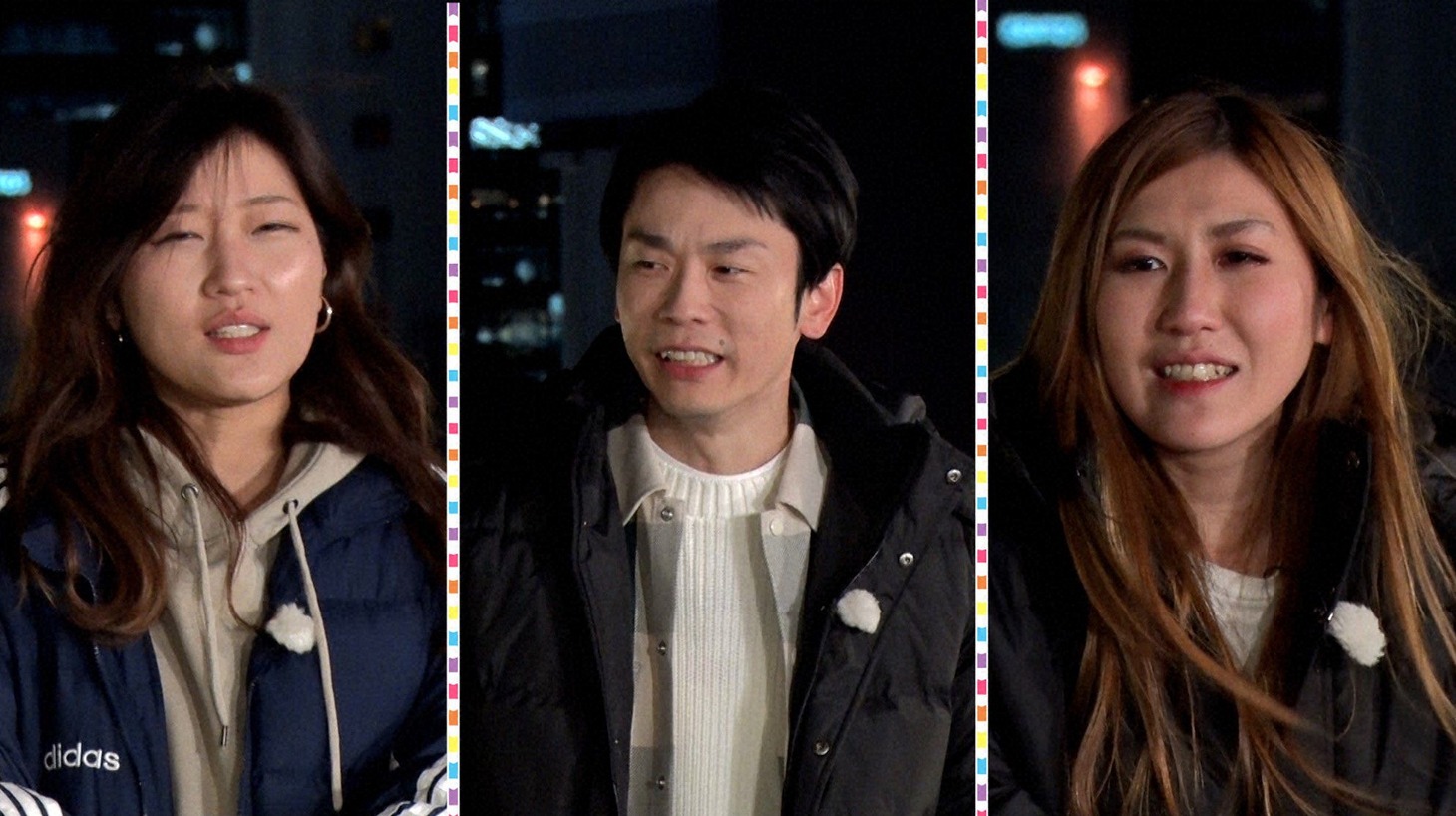 「テレビ千鳥」で熱燗に合うおつまみをプレゼンする（左から）ヒコロヒー、かまいたち濱家、納言・薄幸。(c)テレビ朝日