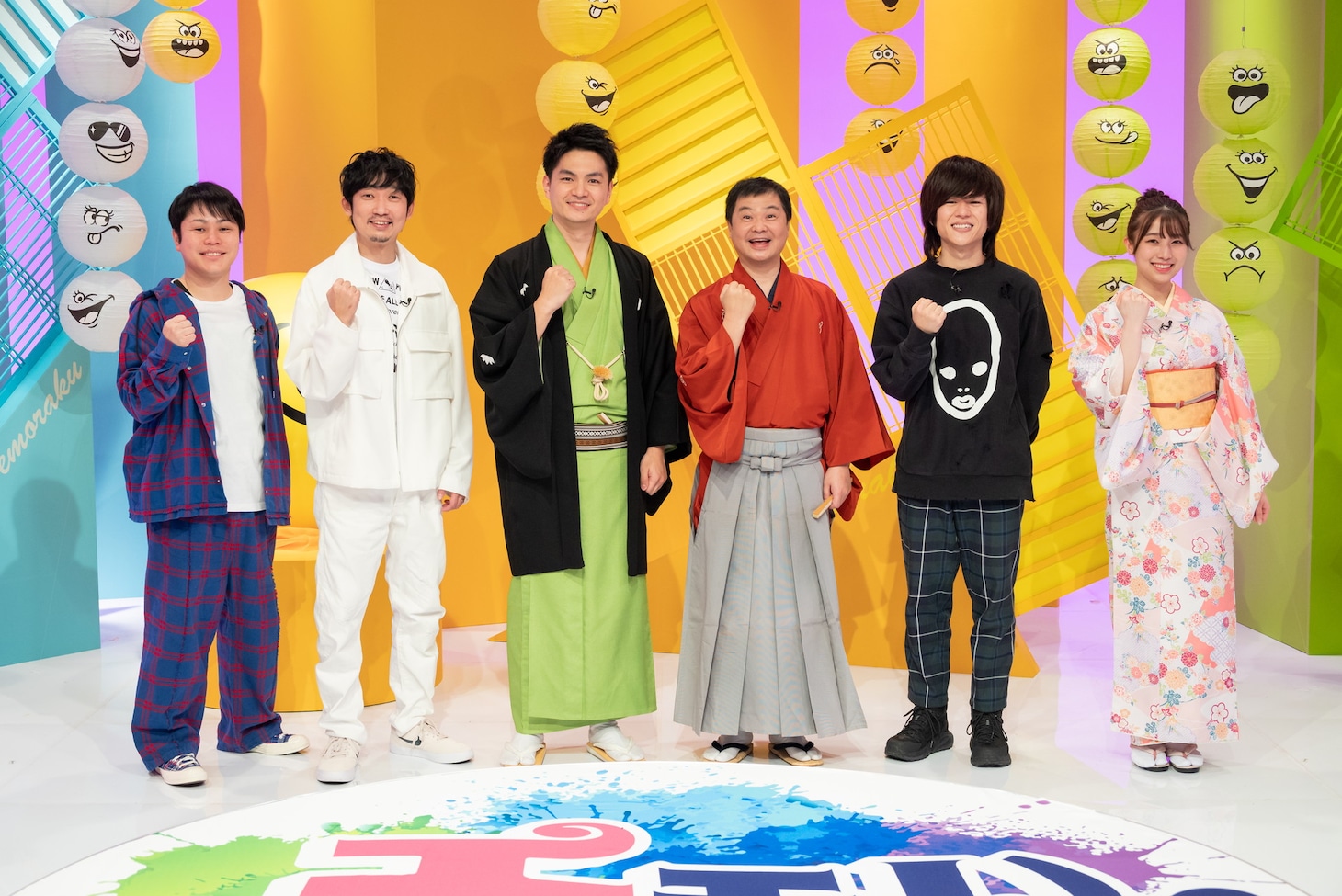 左からNON STYLE、笑福亭笑利、月亭方正、ヤマサキセイヤ、安部若菜。(c)読売テレビ