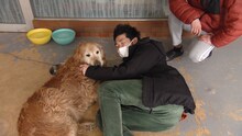 犬と相席する、しずるKAƵMA。(c)ABCテレビ