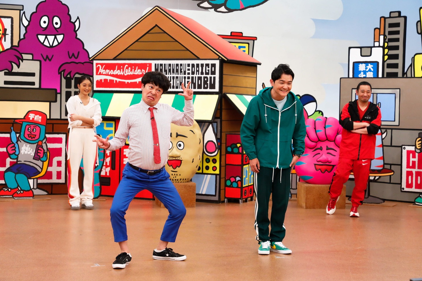 「火曜は全力！華大さんと千鳥くん」に出演する（左から）みちょぱ、流れ星☆ちゅうえい、千鳥。(c)関西テレビ