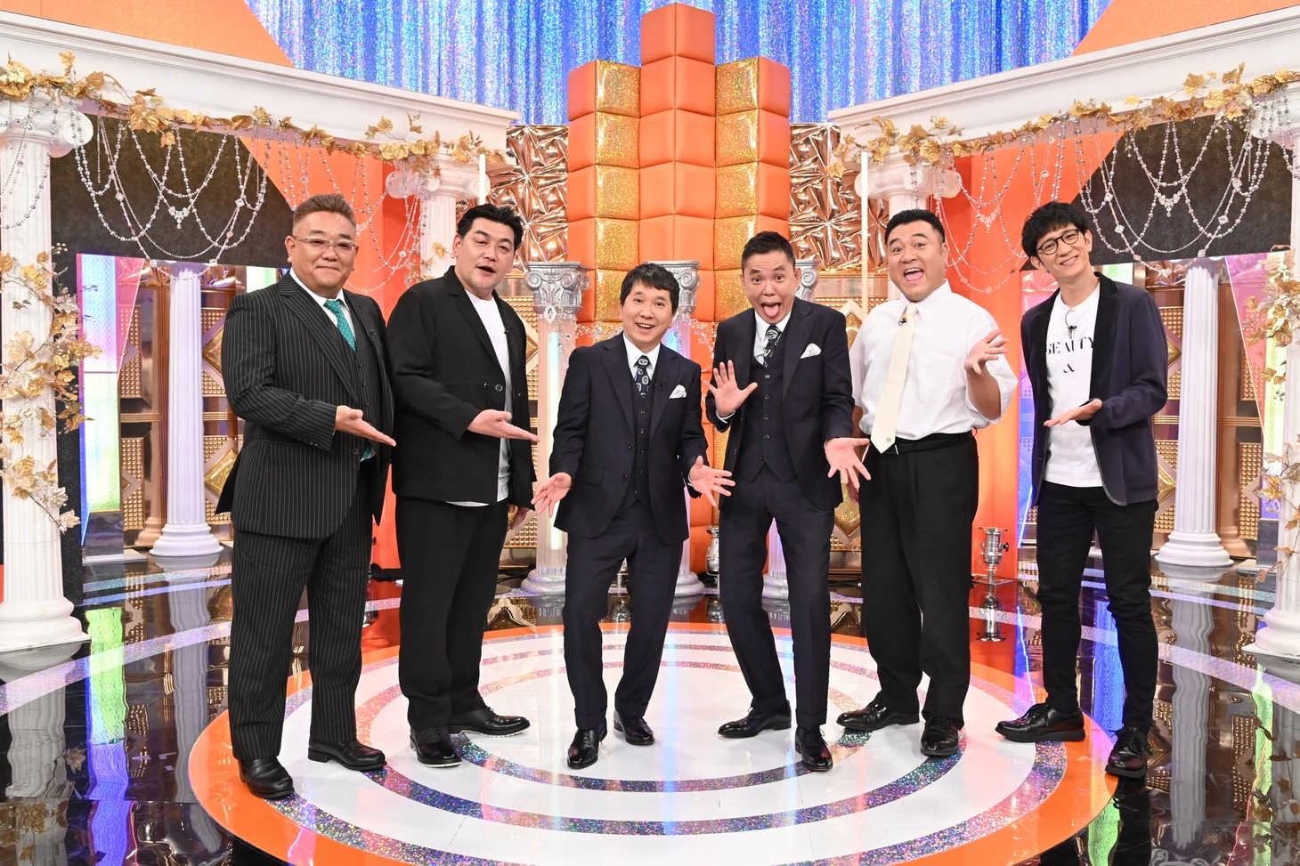 「お笑い実力刃presents 証言者バラエティ アンタウォッチマン！」初のゴールデン特番に出演する（左から）サンドウィッチマン、爆笑問題、アンタッチャブル。(c)テレビ朝日