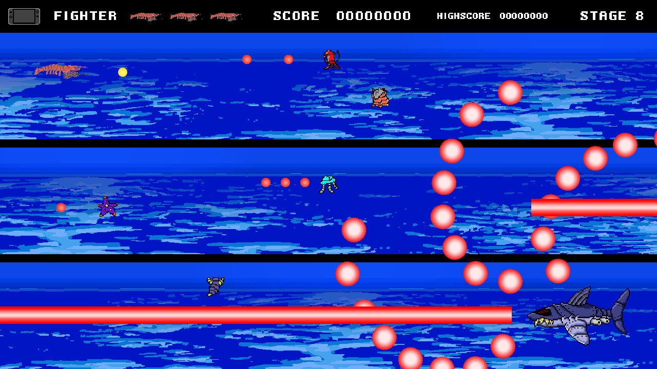 横スクロールのシューティングゲーム「ナガイアス」。長い長い画面が1画面に収まっている。
