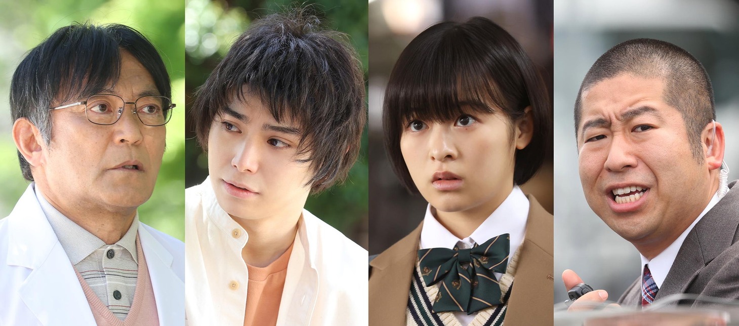 「土曜プレミアム『ガリレオ 禁断の魔術』」に出演する（左から）渡辺いっけい、村上虹郎、森七菜、ハライチ澤部。(c)フジテレビ