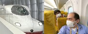 西九州新幹線「かもめ」とトレンディエンジェル斎藤(手前)、六角精児。(c)フジテレビ