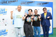 囲み取材に応じたコロコロチキチキペッパーズと矢野・兵動。