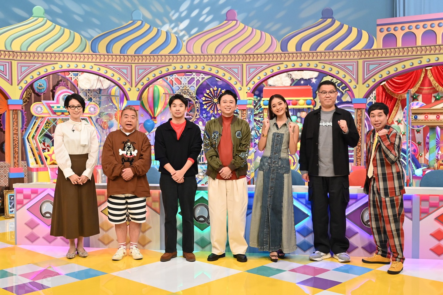 「有吉クイズ」に出演する（左から）野村真季アナ、出川哲朗、仲野太賀、有吉弘行、みちょぱ、シソンヌ長谷川、霜降り明星せいや。(c)テレビ朝日