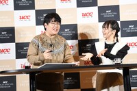 商品パッケージ用のイラストを求められるも、採用されるかわからない絵を描くことにやる気を見せない蛙亭・中野（左）と、まずは一生懸命取り組むことが大事だと説くイワクラ（右）。