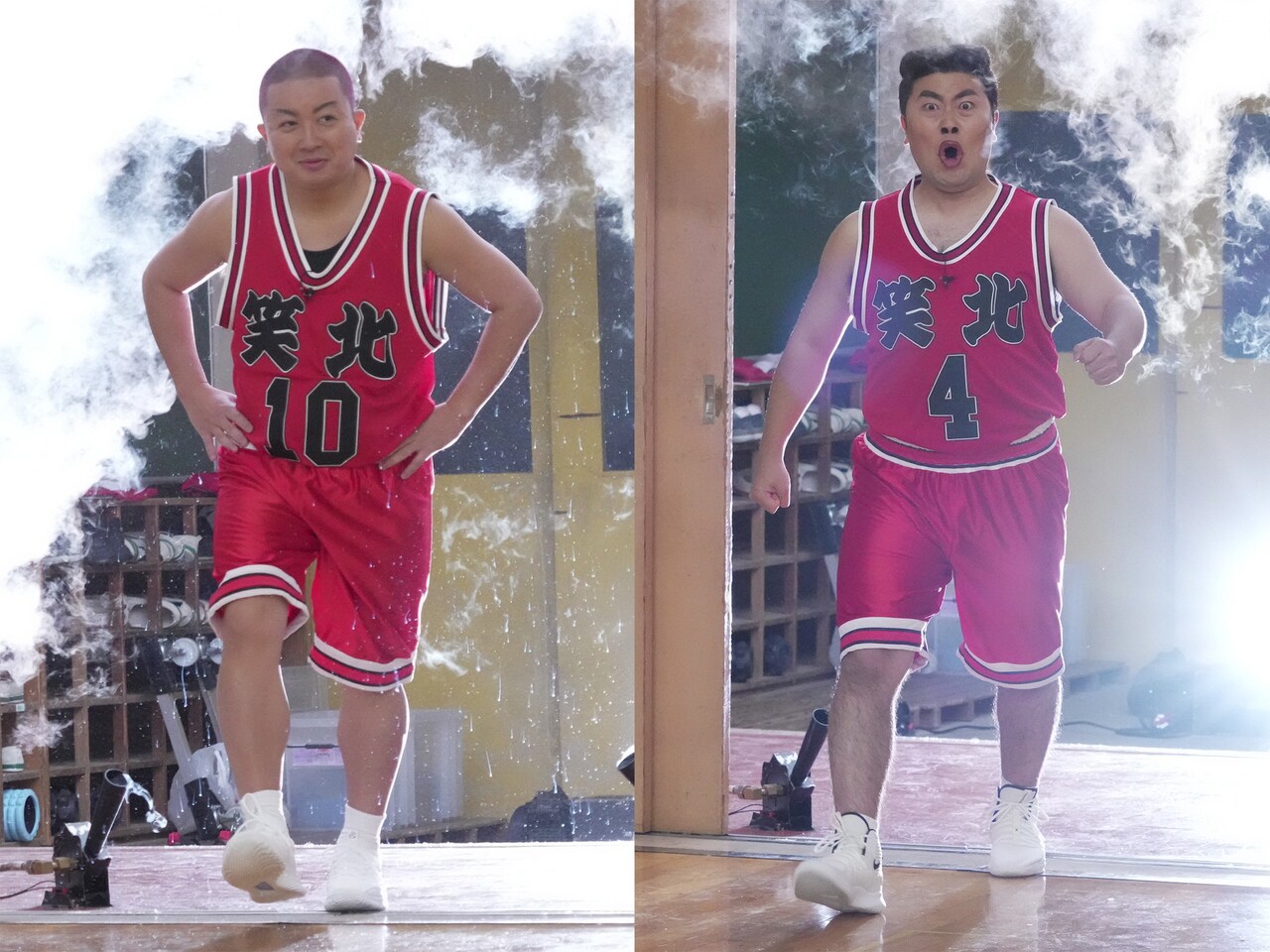 「高校バスケ全国制覇の道」に出演する（左から）チョコレートプラネット松尾、ハナコ岡部。(c)フジテレビ