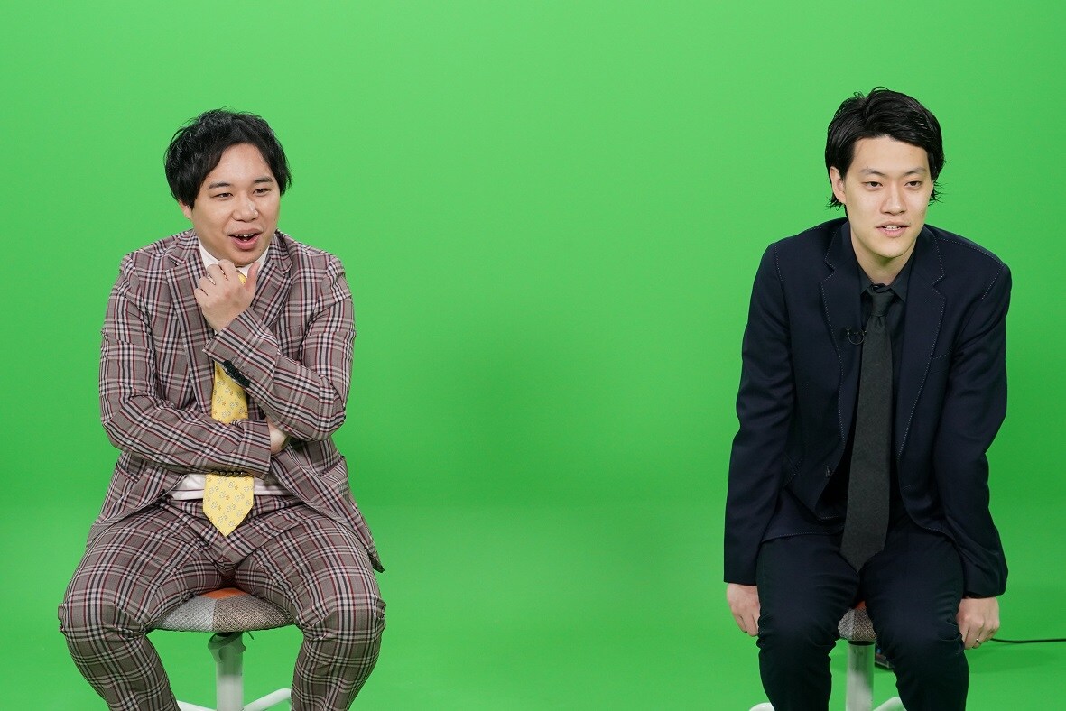 「『いいね！偉人のサムネイル』あの三英傑がバズっちゃったSP」MCの霜降り明星。(c)中京テレビ