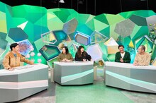 「やすとものいたって真剣です」にスタジオ出演する（左から）藤崎マーケット・トキ、海原やすよ ともこ、スリムクラブ。(c)ABCテレビ